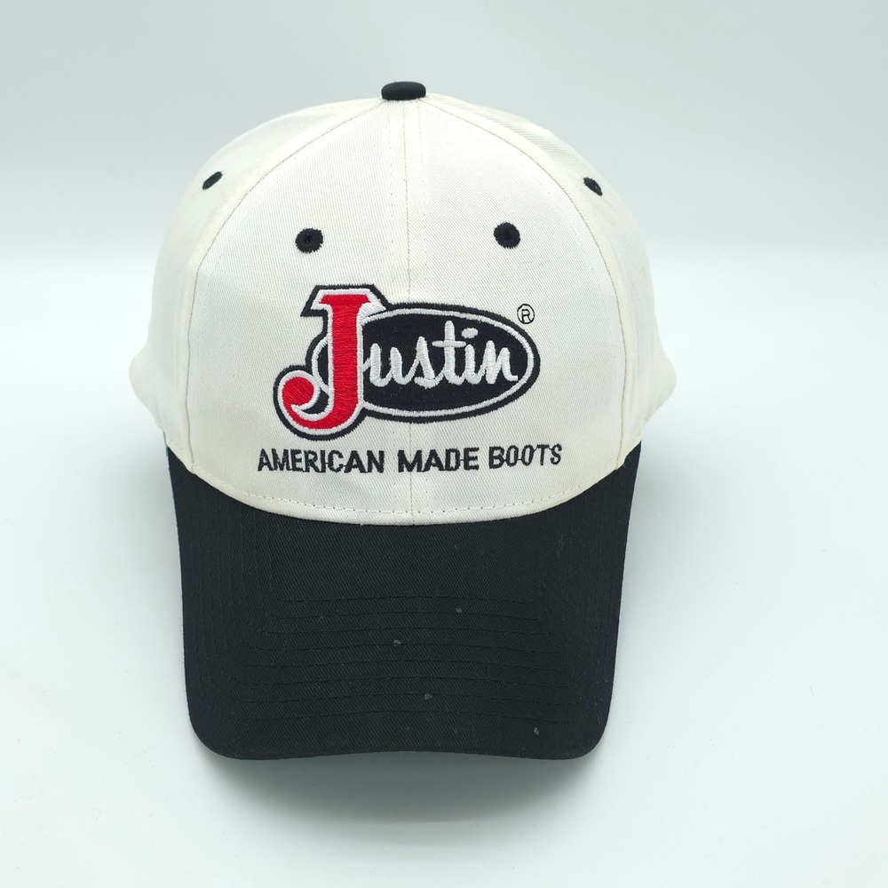 VINTAGE Justin Boots Hat Cap Mens SnapBack White Black Western M&F Western